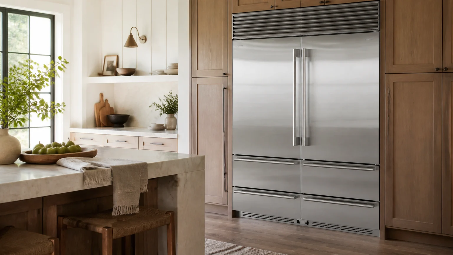 Appliance-only integrated refrigeration in a warm residential kitchen